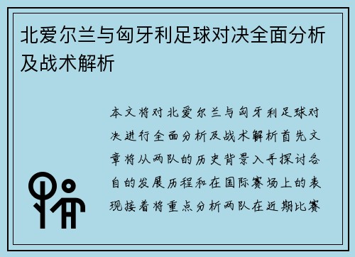 北爱尔兰与匈牙利足球对决全面分析及战术解析